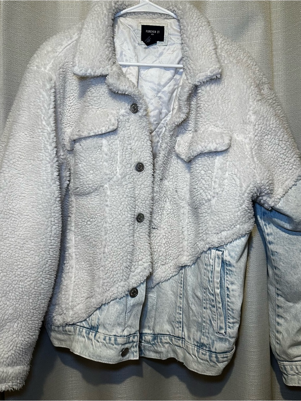 Forever 21 Cream Sherpa and Light Blue Denim Panel Jacket